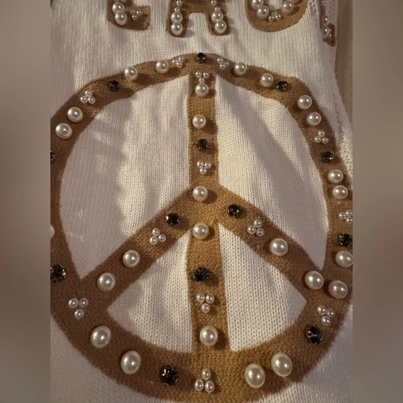 NWOT Pol Cream Sweater with Pearl and bead embellished Peace Sign - Picture 2 of 4